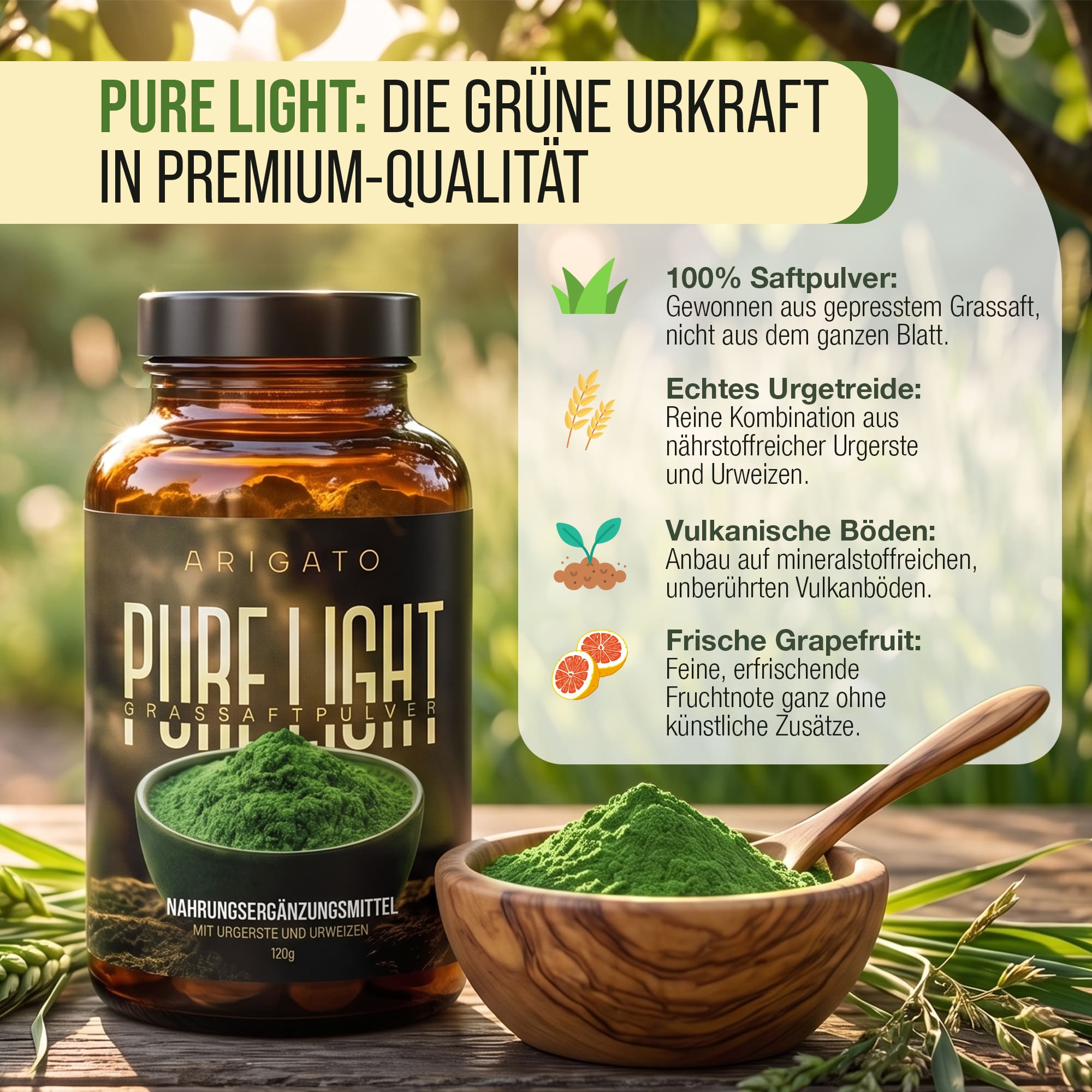 Pures Grassaftpulver mit Urgerste und Urweizen