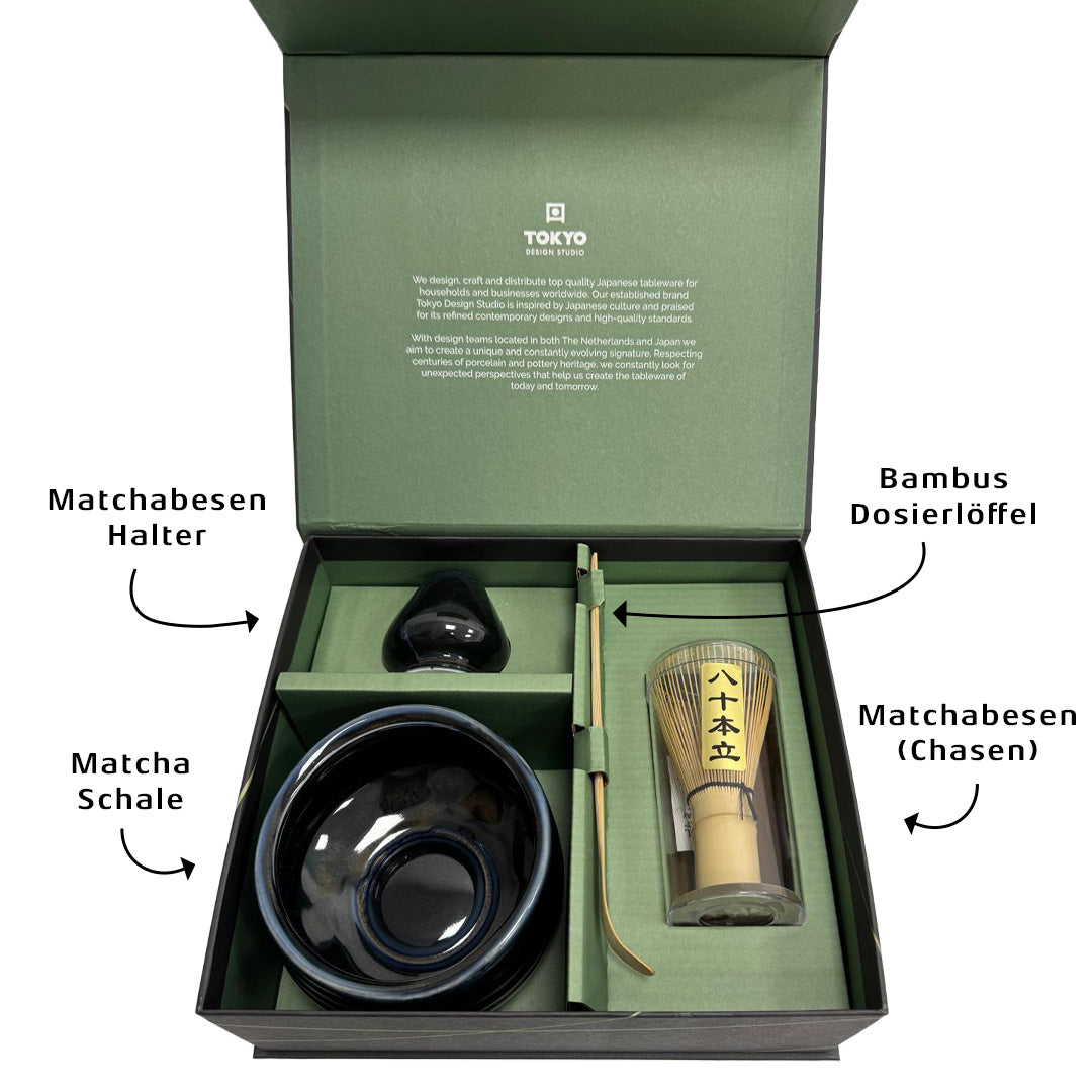 Matcha Set (Matcha Schale Chawan, Matcha-Besen Chasen & Bambuslöffel Chashaku)